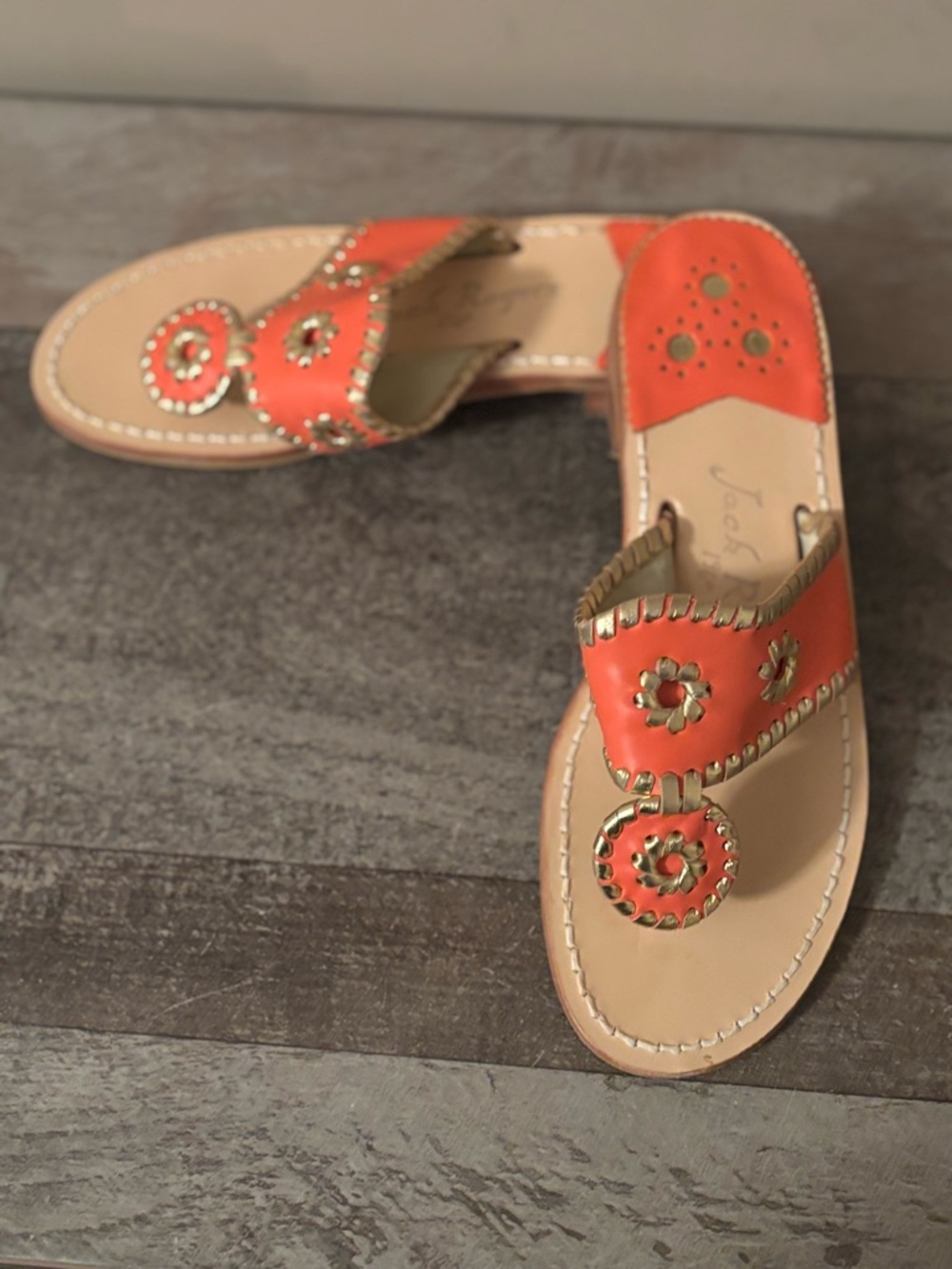 Jack Rogers Coral & Gold Leather Juno Slide Sandals
